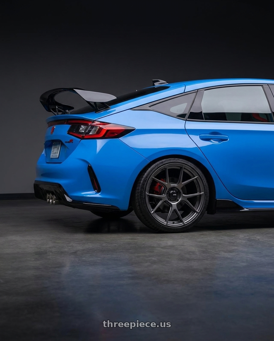 2024 Honda Civic Type R with Konig Ampliform 5x120 19x8.5+32 Dark Metallic Graphite wheels rear three quarter view square tires