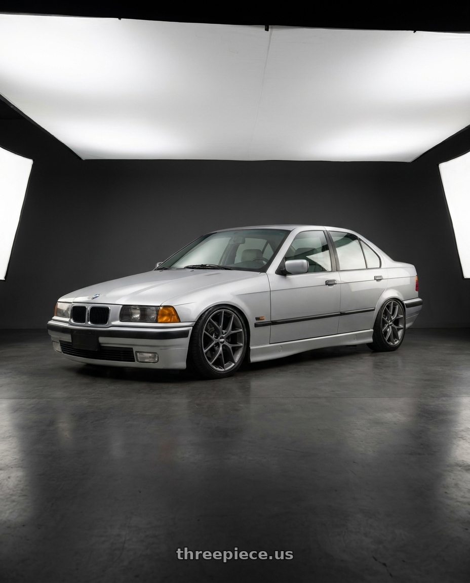 1996 BMW 328i with BBS SR 5x120 18x8.0+32 Satin Himalaya Grey wheels front three quarter view stanced stance