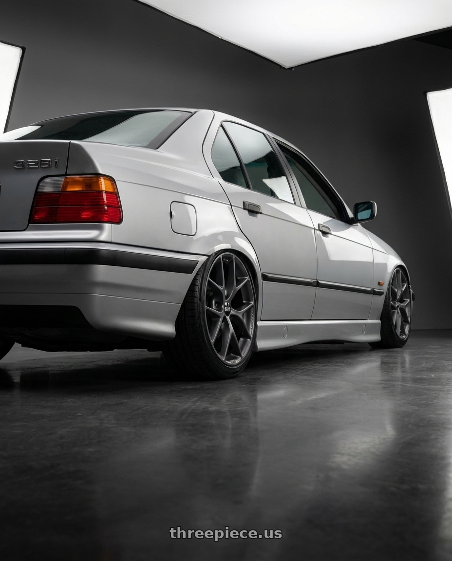 1996 BMW 328i with BBS SR 5x120 18x8.0+32 Satin Himalaya Grey wheels rear three quarter view slight stretch tires