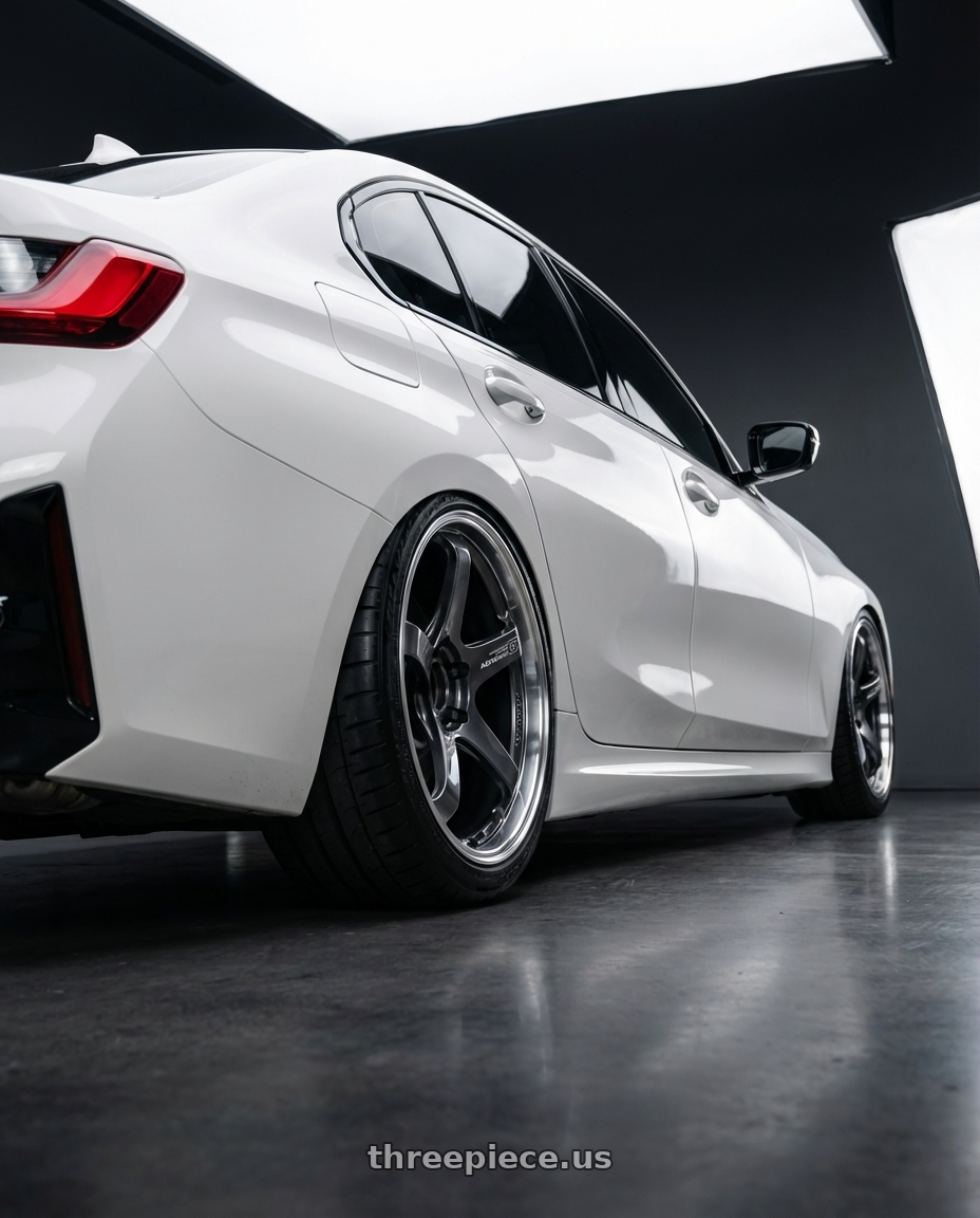 2024 BMW M340i with Advan Racing GT BEYOND 5x112 18x9.5 +25 MACHINING & HYPER PLATINUM BLACK wheels rear three quarter view meaty tires