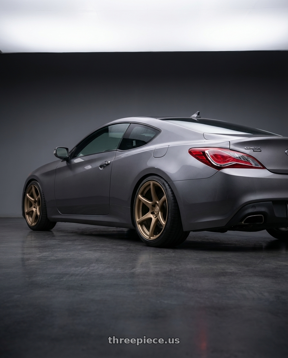 2014 Hyundai Genesis Coupe with Kansei K11B Tandem 5x114.3 19x9.5 22 Bronze wheels rear three quarter view square tires