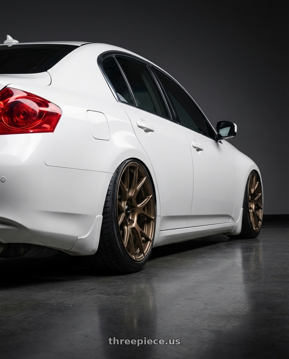 2012 Infiniti G37 with Konig Ampliform 5x114.3 19x10.5+23 Gloss Bronze wheels rear three quarter view slight stretch tires