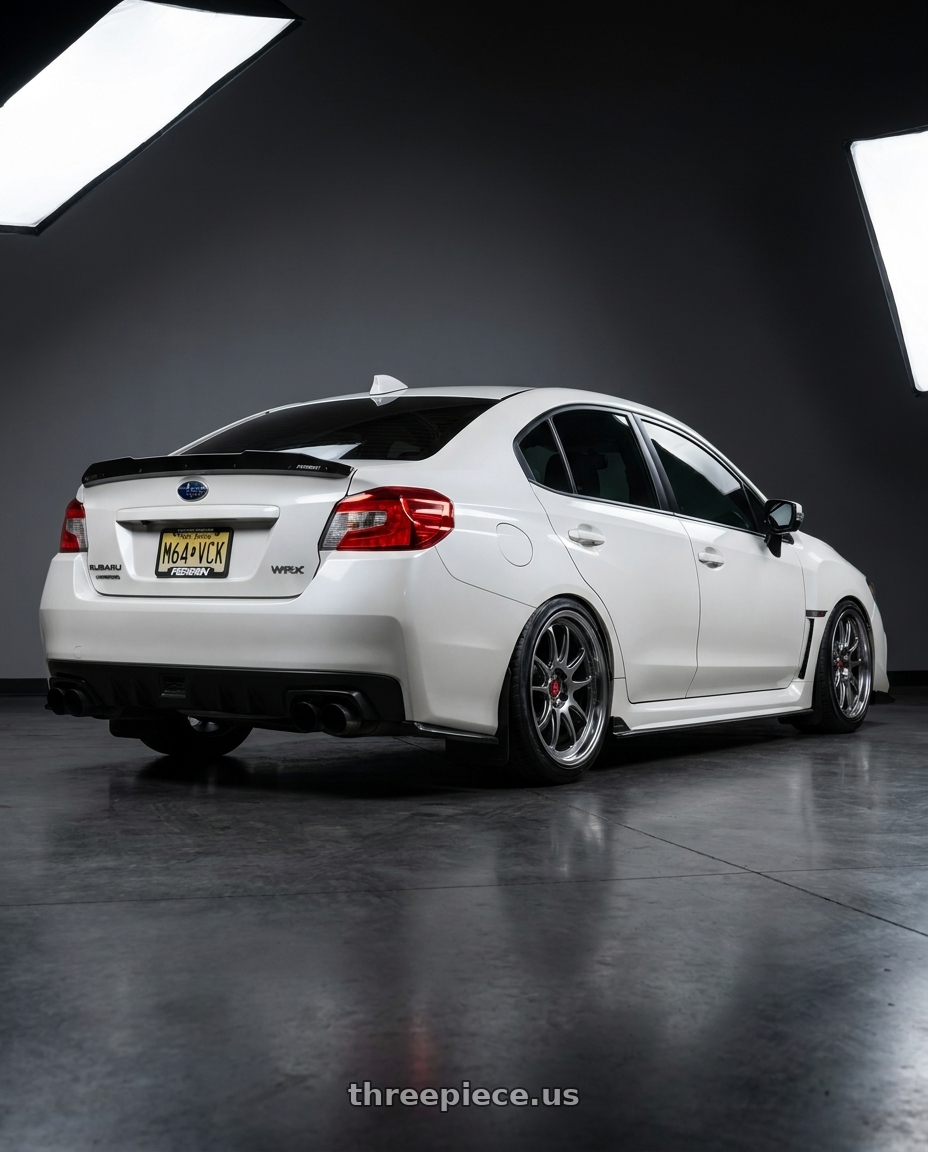 2017 Subaru WRX Limited Crystal with Aodhan AH07 5x114.3 18x9.5+30 Hyper Black wheels rear three quarter view slight stretch tires