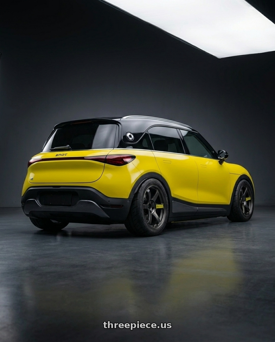 2024 smart #1 with Volk Racing TE37 Saga SL M-Spec 5x114.3 18x9.5+22 Pressed Black wheels rear three quarter view meaty tires