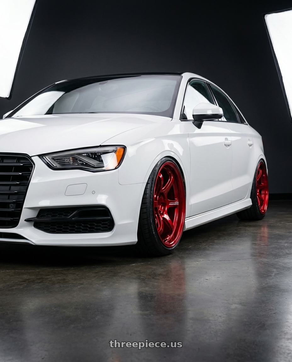 2017 Audi S3 with Advan Racing R6 5x112 20x10.0 +25 RACING CANDY RED wheels front three quarter view lowered stance