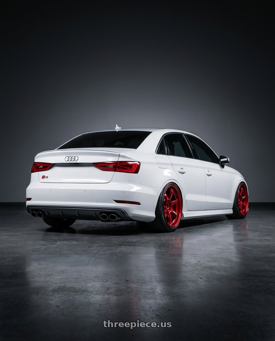 2017 Audi S3 with Advan Racing R6 5x112 20x10.0 +25 RACING CANDY RED wheels rear three quarter view extreme stretch tires