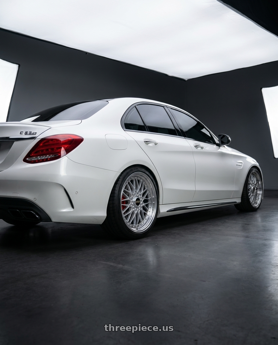 2018 Mercedes Benz C63 S with BBS Super-RS 5x112 19x9.0+42 Silver wheels rear three quarter view square tires