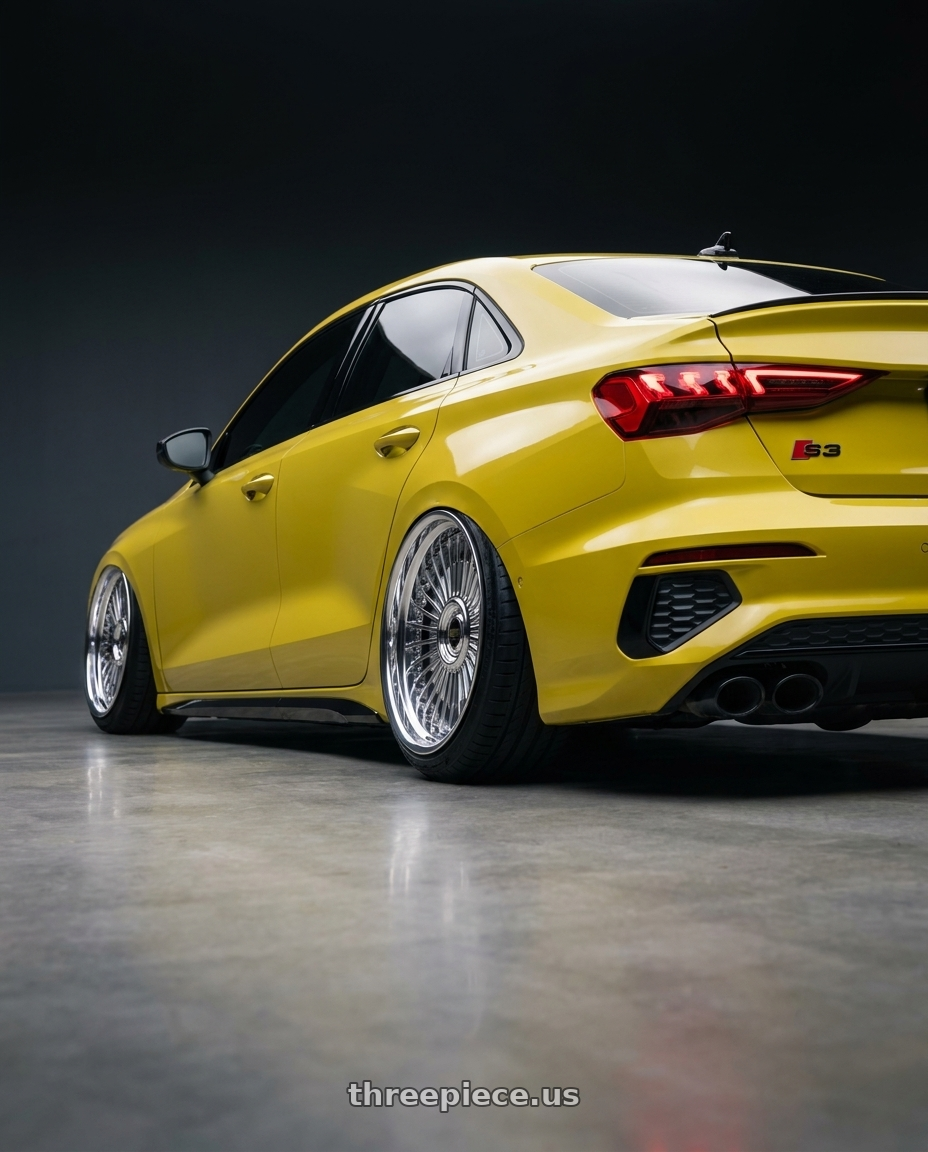2023 Audi S3 with Work Emitz Chrome 5x112 19x8.5 +38 wheels rear three quarter view extreme stretch tires