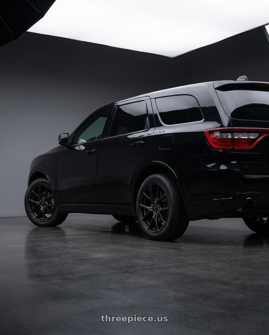 2018 dodge Durango RT with Voxx Replica Track Hawk 5x127 18x8+40 Matte Black wheels rear three quarter view square tires