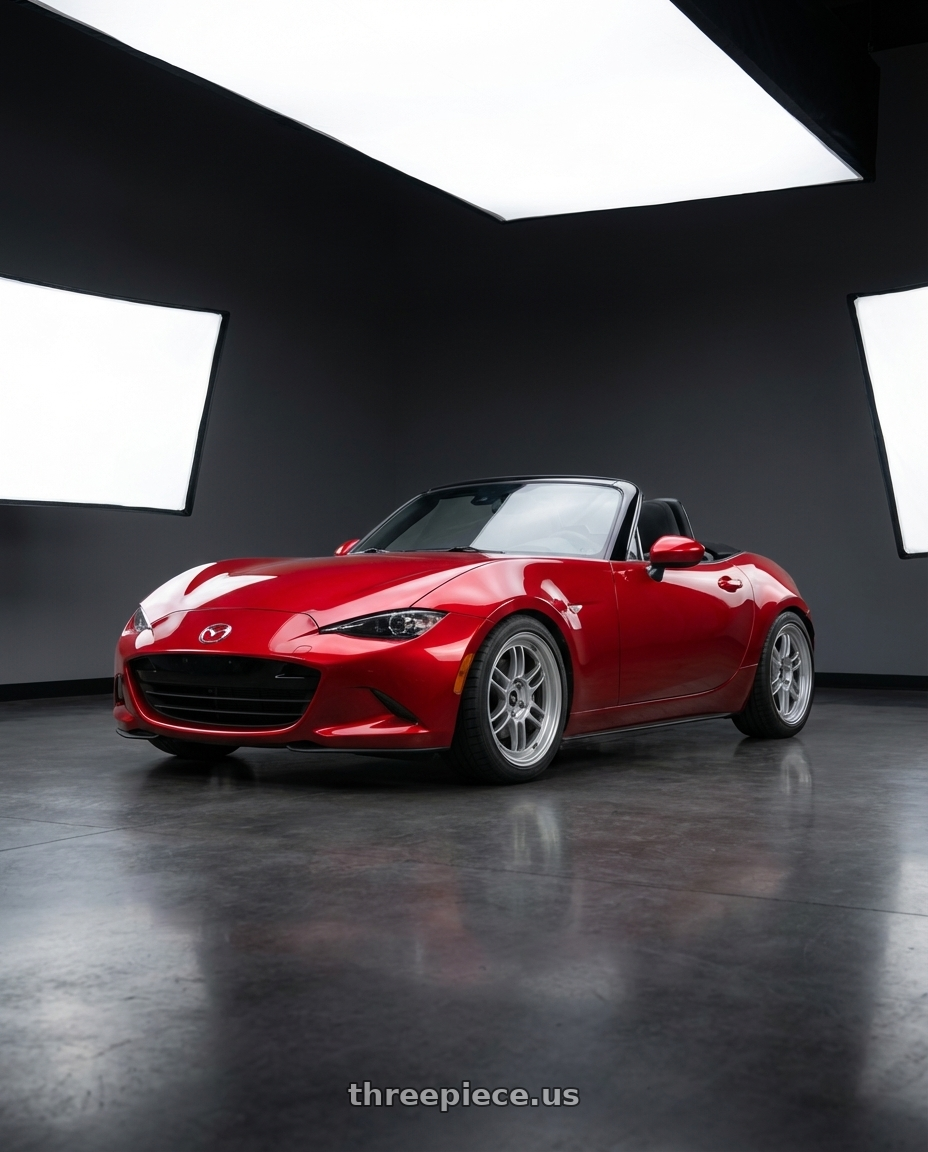 2016 Mazda Miata with Enkei RPF1 4x100 17x7+43 Silver wheels front three quarter view lowered stance