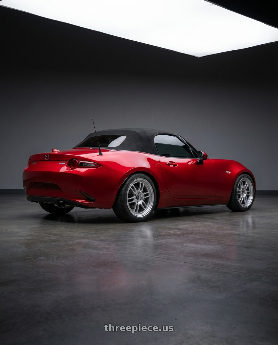 2016 Mazda Miata with Enkei RPF1 4x100 17x7+43 Silver wheels rear three quarter view square tires