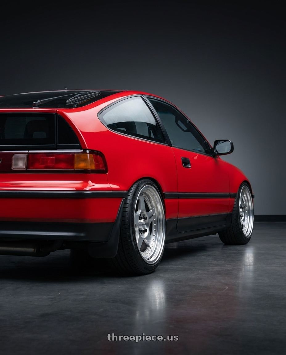 1991 Honda CRX Si with Work Meister Cr01 4x100 16x7+22 A Disk Bright Buff Finish wheels rear three quarter view slight stretch tires