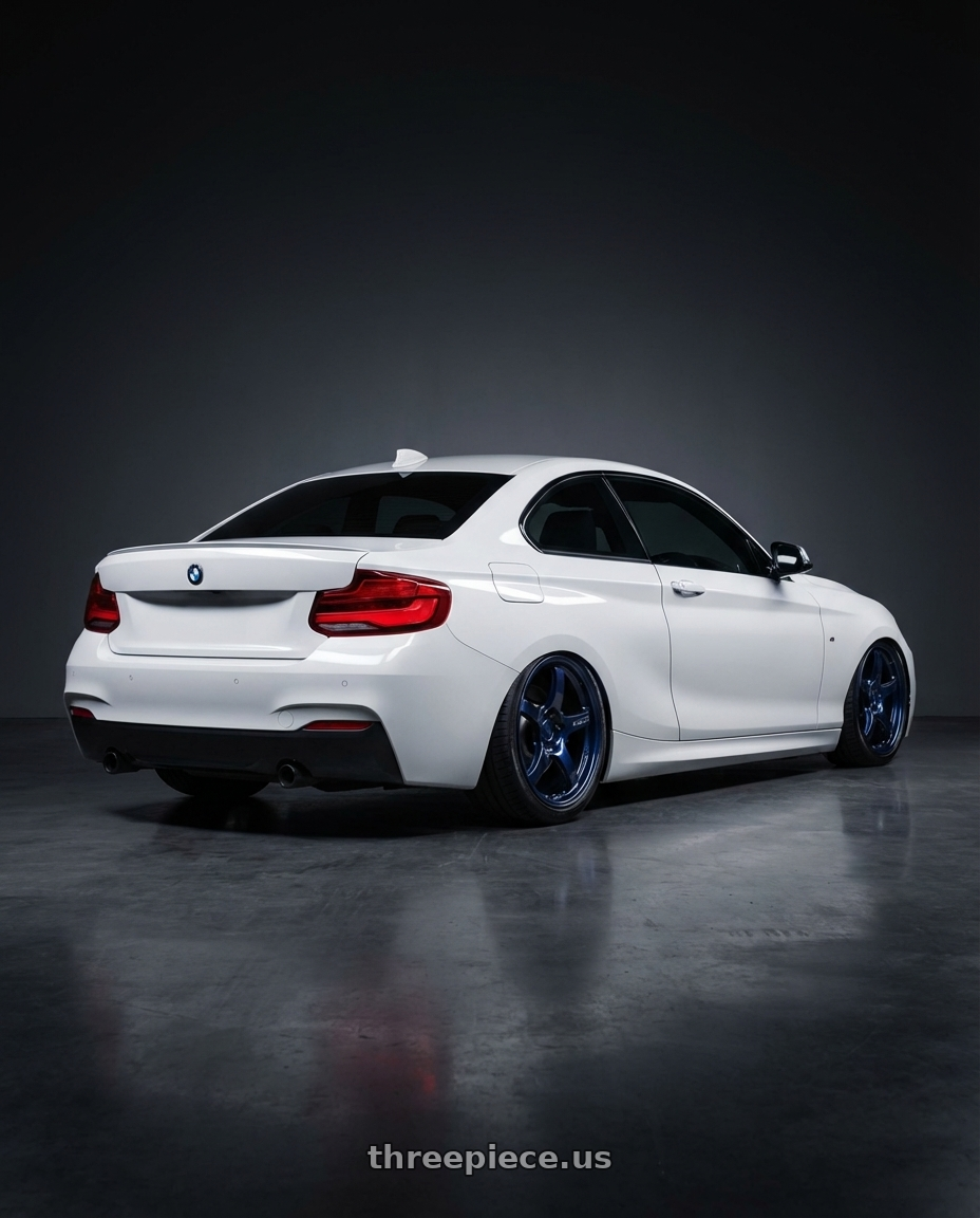 2018 BMW 2 Series F22 with Gram Lights 57CR 5x120 19x9.5+35 Eternal Blue Pearl wheels rear three quarter view slight stretch tires