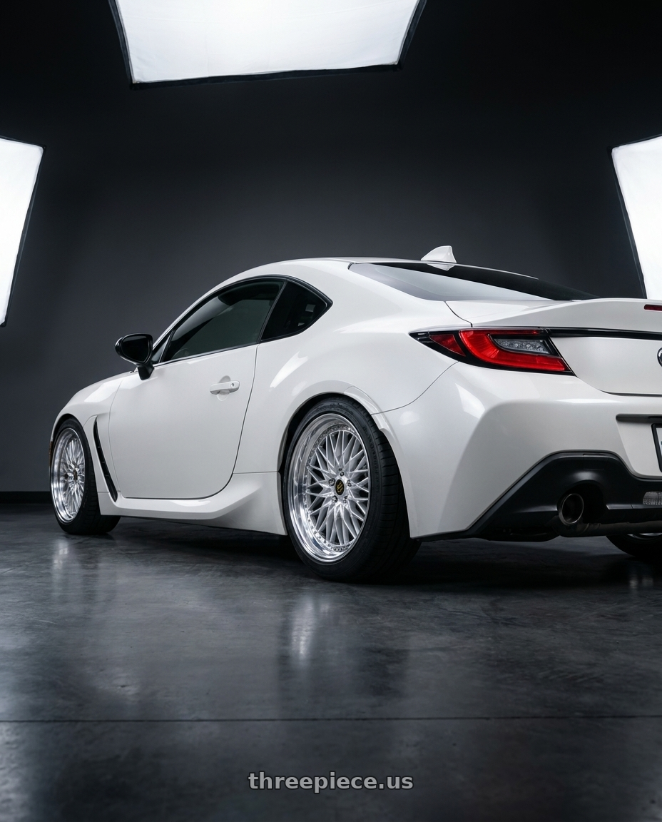 2026 Toyota gr86 with Work Vs-Xv 5x100 18x9.5+35 L Disk Silky Rich Silver wheels rear three quarter view square tires