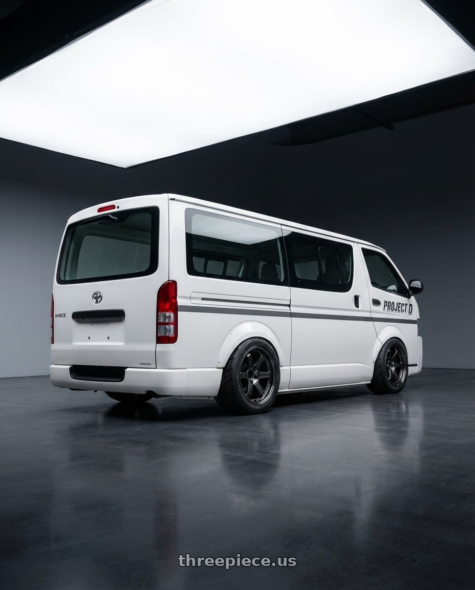 2016 Toyota Hiace DX with Volk Racing TE37SL 5x114.3 19x10.5+12 Pressed Double Black wheels rear three quarter view meaty tires