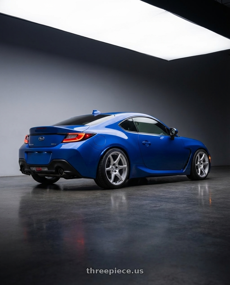 2024 Subaru BRZ with Kansei K11S Tandem 5x114.3 18x10.5 12 Hyper Silver wheels rear three quarter view square tires