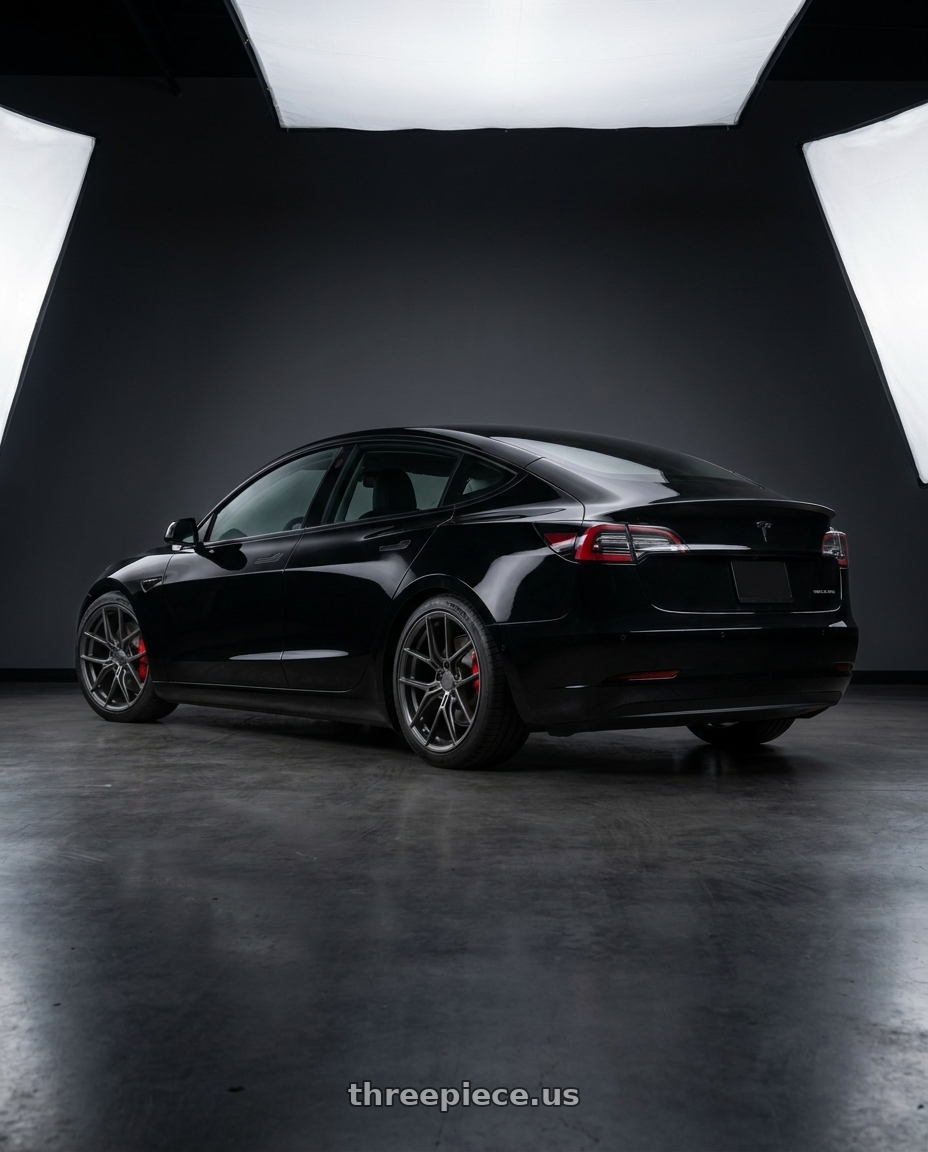 2019 tesla model 3 performance black with Avant Garde Wheels M580R BLANK 19x8.5 +BLANK Dark Graphite Metallic wheels rear three quarter view square tires