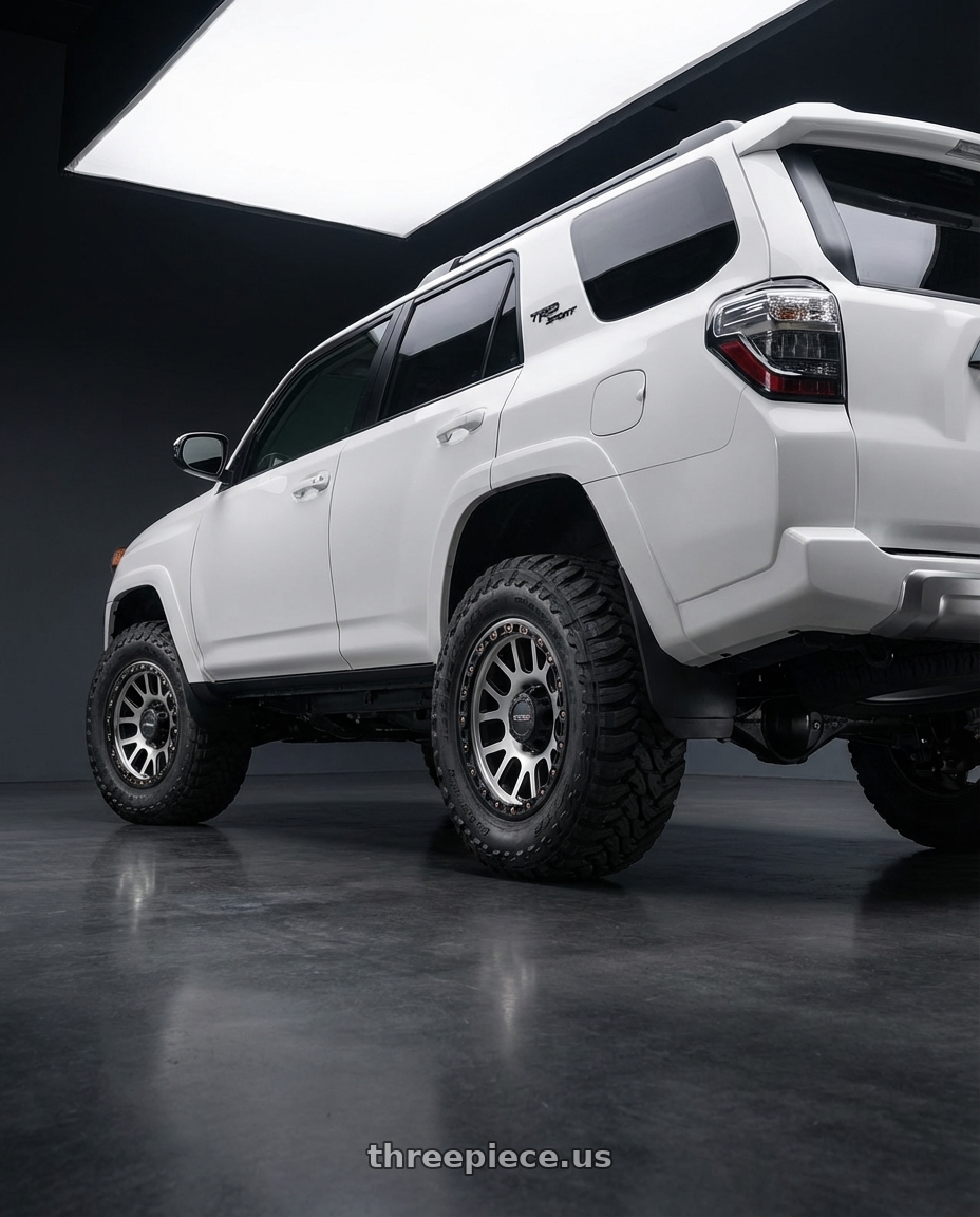 2022 Toyota 4Runner with Vision Off-Road 111 Nemesis 6x139.7 20x9+10 Matte Black Machined Face wheels rear three quarter view meaty tires