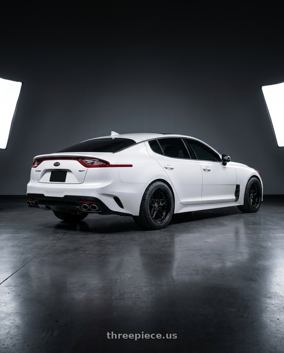 2019 kia stinger gt2 with ESR Wheels CS15.2 5x114.3 19x8.5 +35 Gloss Black wheels rear three quarter view meaty tires