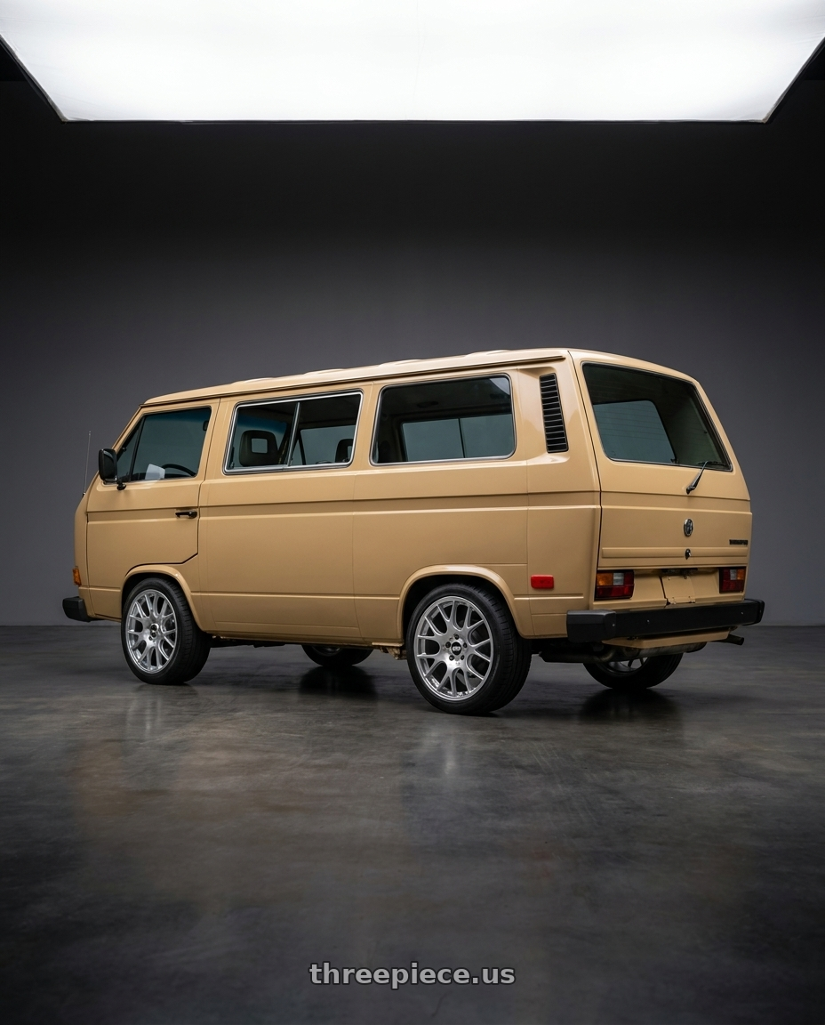 Volkswagen, Vanagon, 1985 with BBS CH-R 5x112 20x10.5 +25 Brilliant Silver Polished Rim Protector wheels rear three quarter view square tires