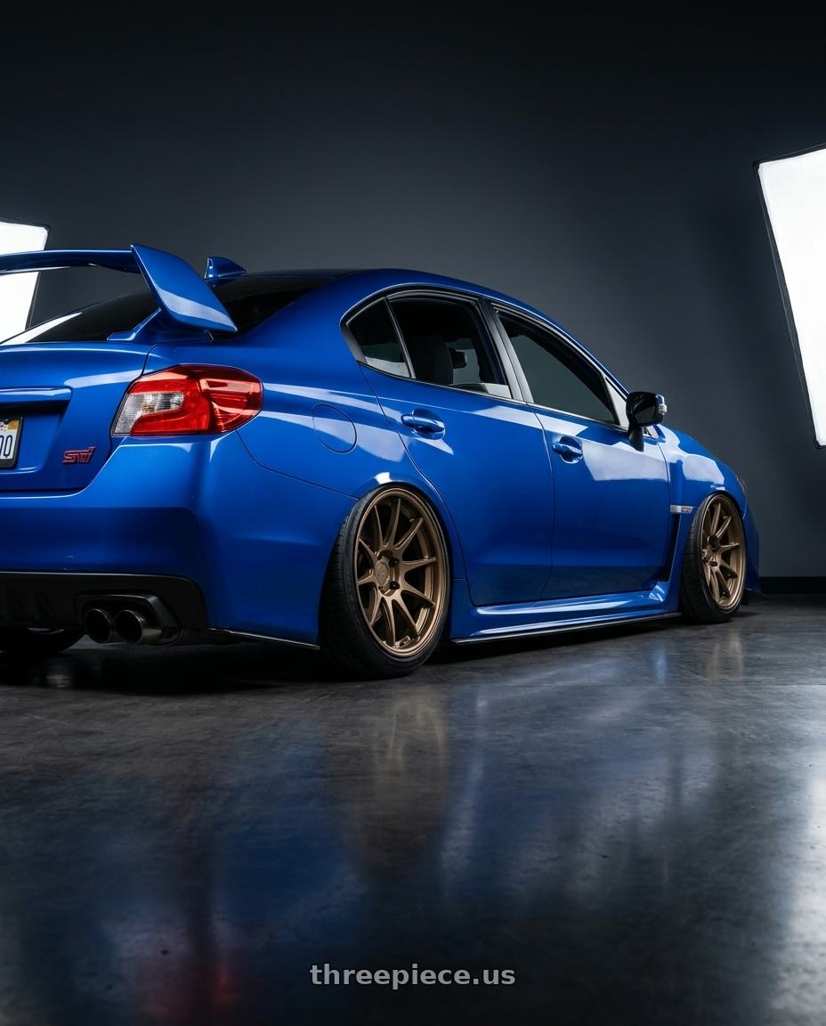 2013 Subaru WRX STI with Aodhan AH09 5x114.3 18x9.5 +35 Matte Black wheels rear three quarter view slight stretch tires