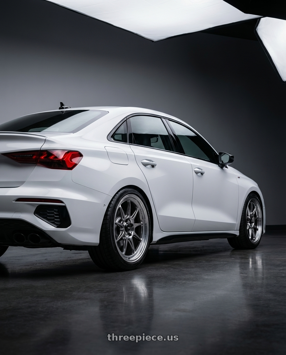 2024 Audi S3 8Y with Konig Countergram 5x112 19x11+40 Hyper Chrome / Machined Lip wheels rear three quarter view square tires