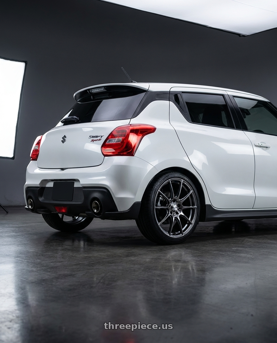 2024 Suzuki Swift Sport with WedsSport SA-25R 5x114.3 17x7.0+40 Platinum Silver Black wheels rear three quarter view square tires