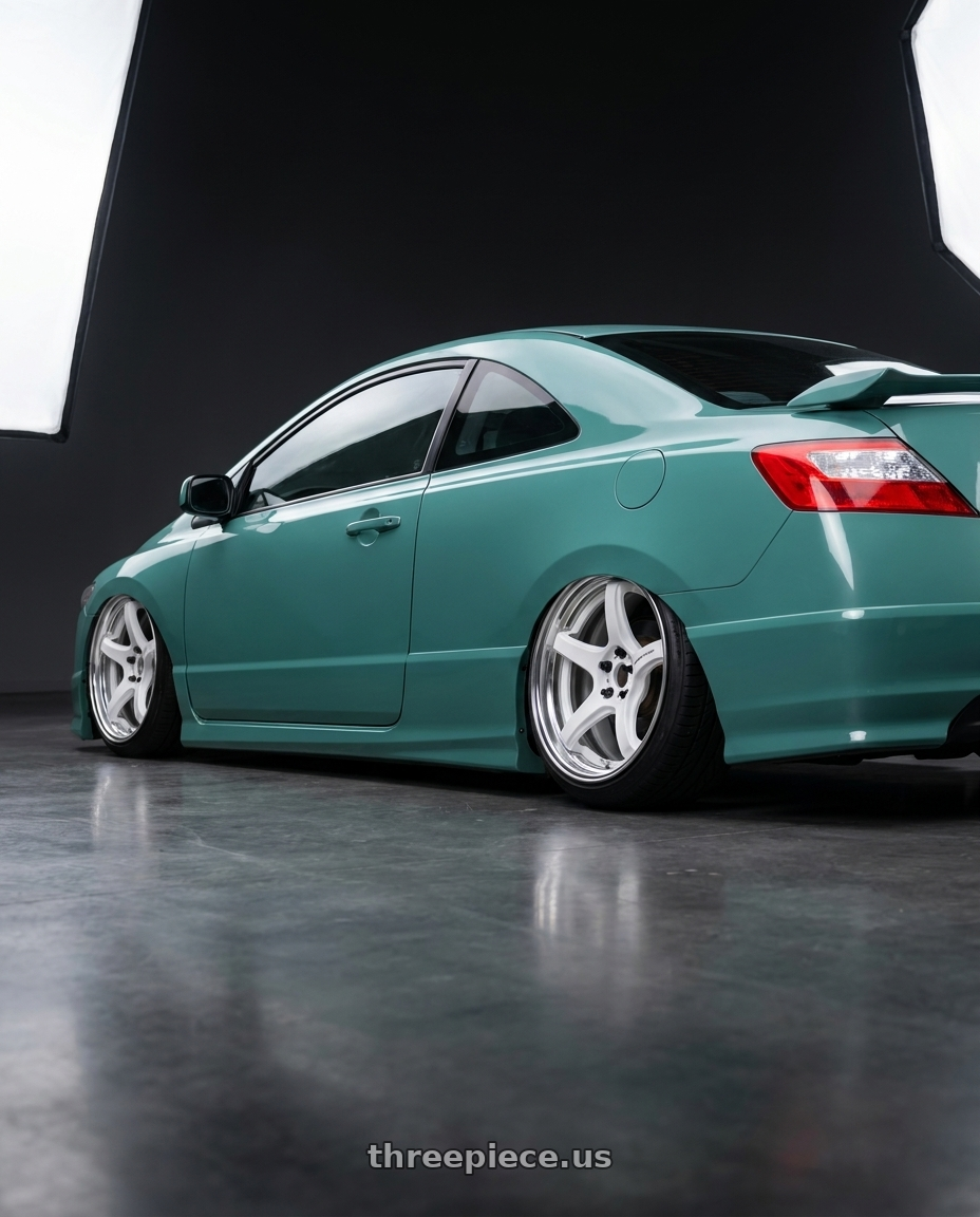 2009 honda civic si coupe with Work T5R 2P 5x114.3 18x9.5 +0 WHITE wheels rear three quarter view slight stretch tires