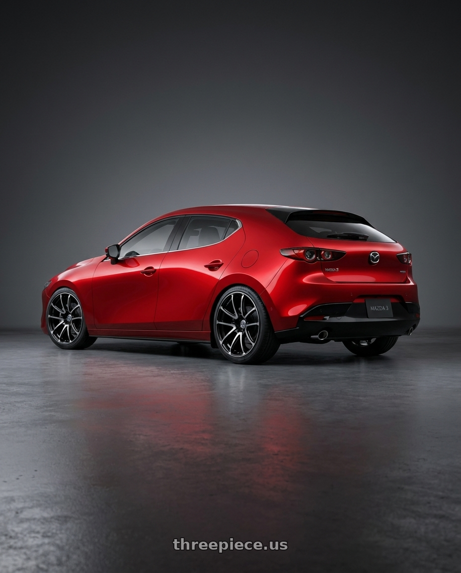 2024 Mazda 3 with Advan Racing MODEL F50 5x114.3 19x8.5 +43 GLOSS BLACK COMBI wheels rear three quarter view slight stretch tires
