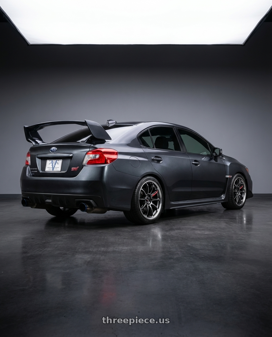 2016 Subaru WRX STI with Work Emotion Zr10 5x100 18x7.5 +38 Glim Black Diamond Rim cut wheels rear three quarter view square tires