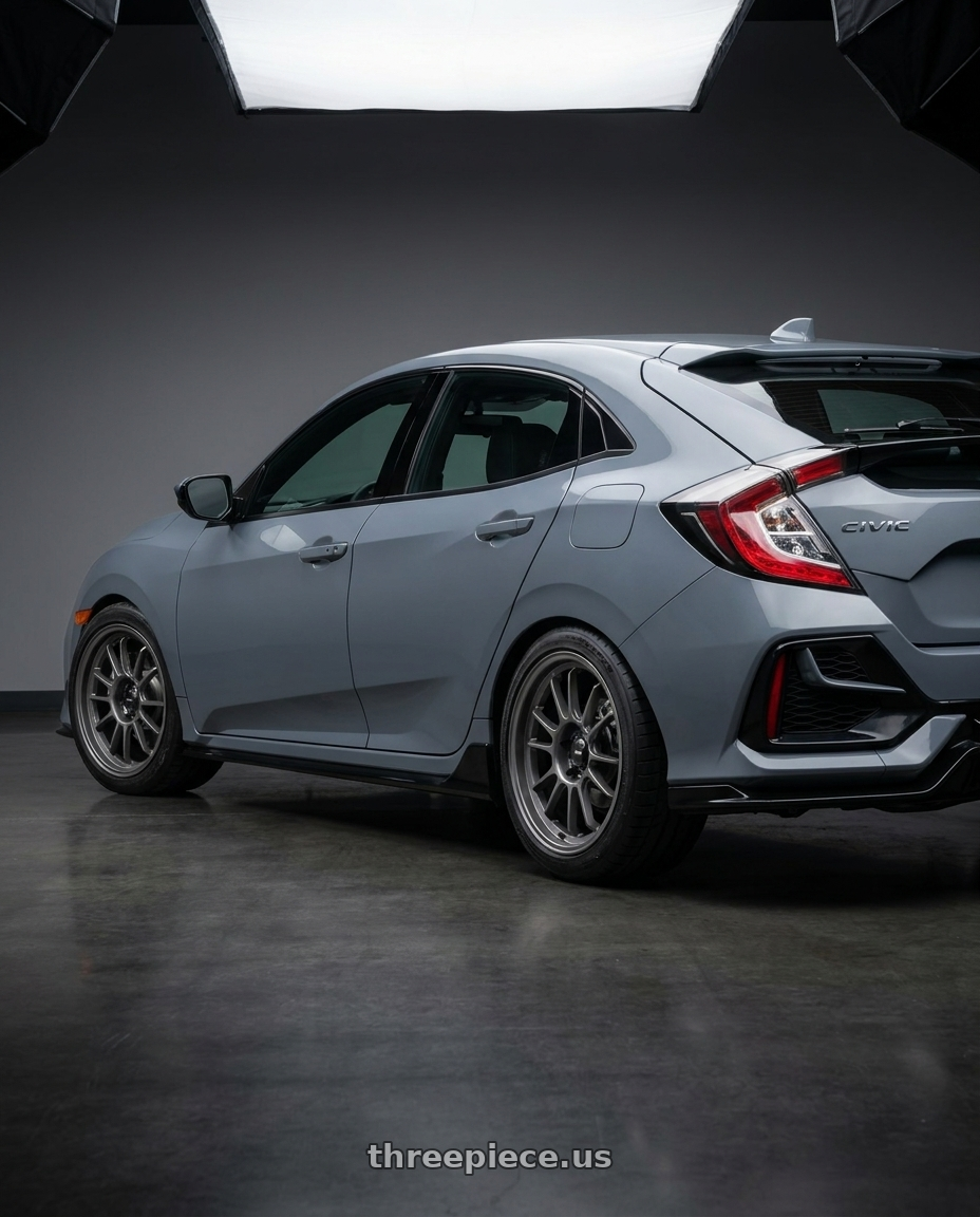 2021 Honda Civic Type R with Konig Hypergram 5x120 18x8.5+35 Matte Grey wheels rear three quarter view square tires