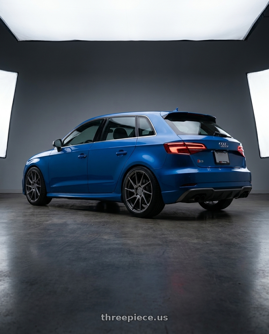 2019 Audi S3 8V with Aodhan AH09 5x112 18x8.5 +35 Hyper Black wheels rear three quarter view square tires