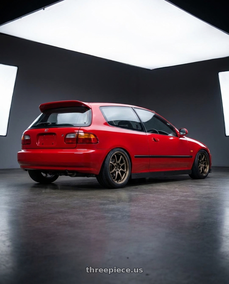 1993 Honda eg6 red with Volk Racing CE28N-PLUS 5x114.3 18x10.5 +15 SHINING BRONZE METAL wheels rear three quarter view square tires