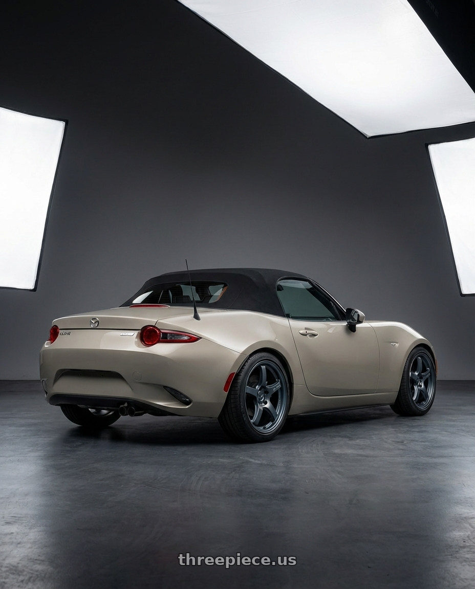 2021 Mazda MX-5 Miata ND with Gram Lights 57CR 5x114.3 17x9+12 Gunblue II wheels rear three quarter view square tires