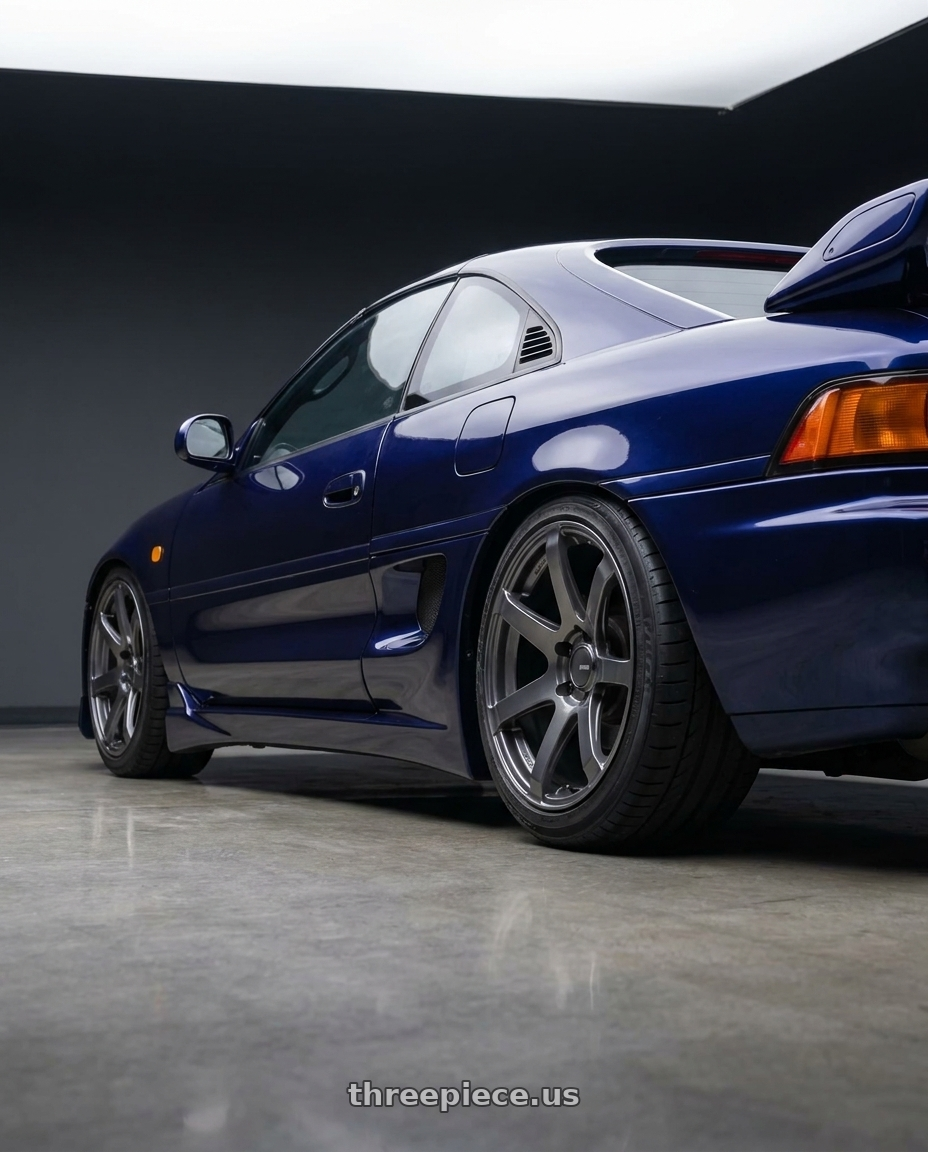 1998 toyota mr2 with Enkei PF07 5x114.3 18x8.5+35 Dark Silver wheels rear three quarter view slight stretch tires