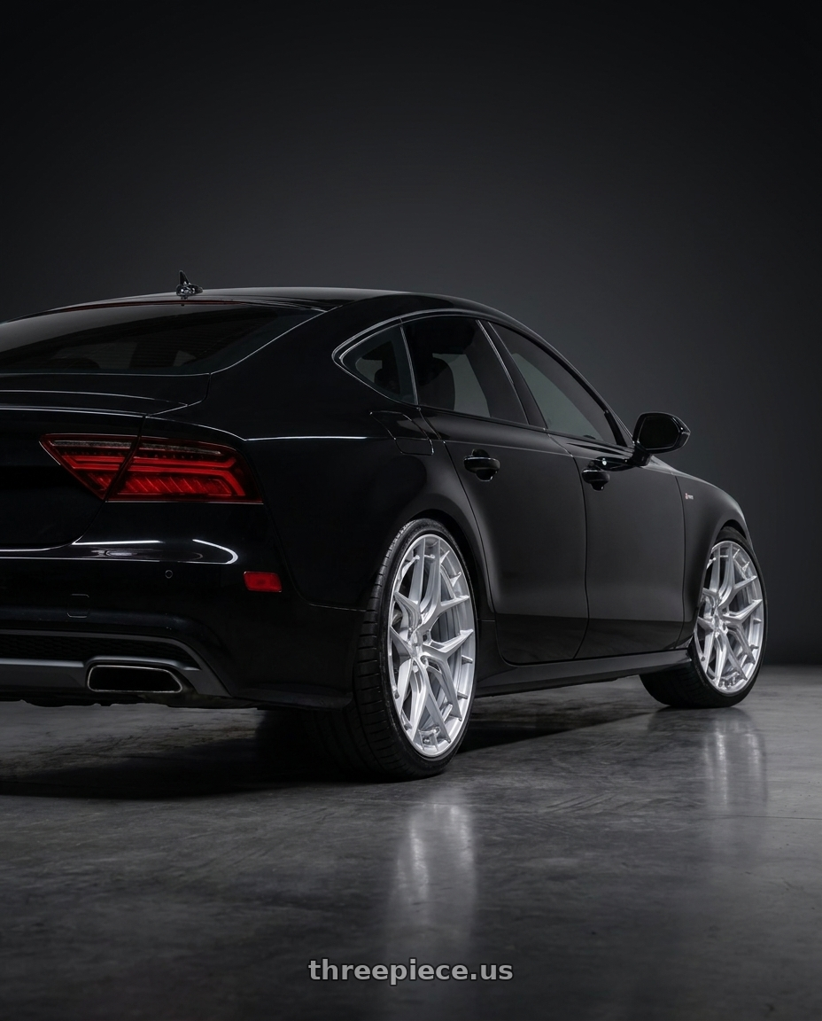 2017 Audi A7 Premium Plus with Niche 1PC RIVIERA 5x112 20x9 +45 Gloss Silver W/ Brushed Face wheels rear three quarter view square tires