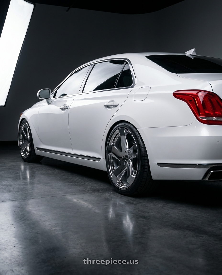 2018 genesis g90 ultimate with Strada Coltello 5x114.3 20x8.5 +35 Chrome wheels rear three quarter view square tires
