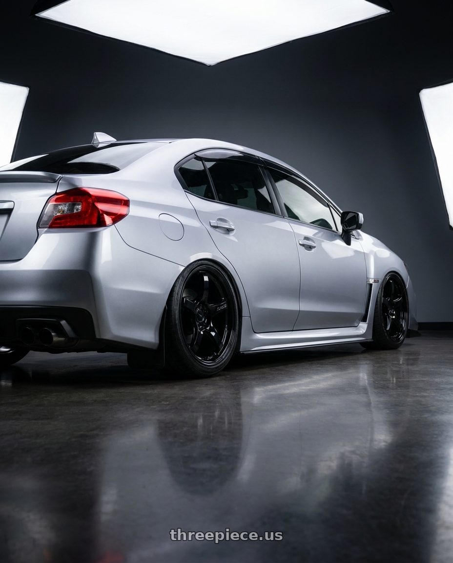 2020 subaru wrx with Gram Lights 57CR 5x114.3 18x9.5 +38 GLASS BLACK wheels rear three quarter view square tires