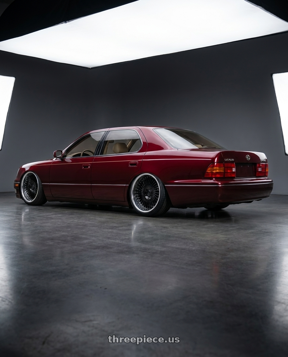 1998 Lexus LS400 Wine Red with Heritage Wheel SENDAI-DIR wheels rear three quarter view slight stretch tires
