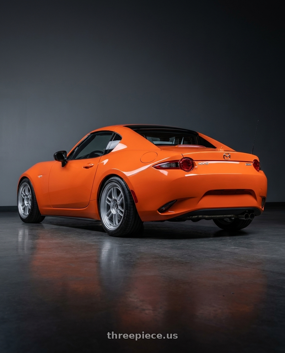 2019 mazda mx5 rf 30th anniversary with Enkei RPF1 5x114.3 17x8+35 Silver wheels rear three quarter view slight stretch tires