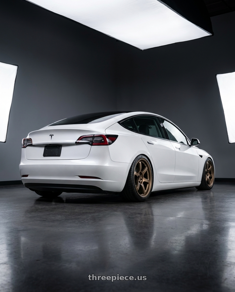 2021 tesla model 3 sr with Gram Lights 57DR 5x114.3 19x9.5+35 Bronze II wheels rear three quarter view slight stretch tires