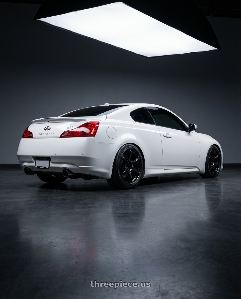 2014 Infiniti G37 Coupe with Advan RGIII 5x114.3 19x10.5+25 Gloss Black wheels rear three quarter view square tires
