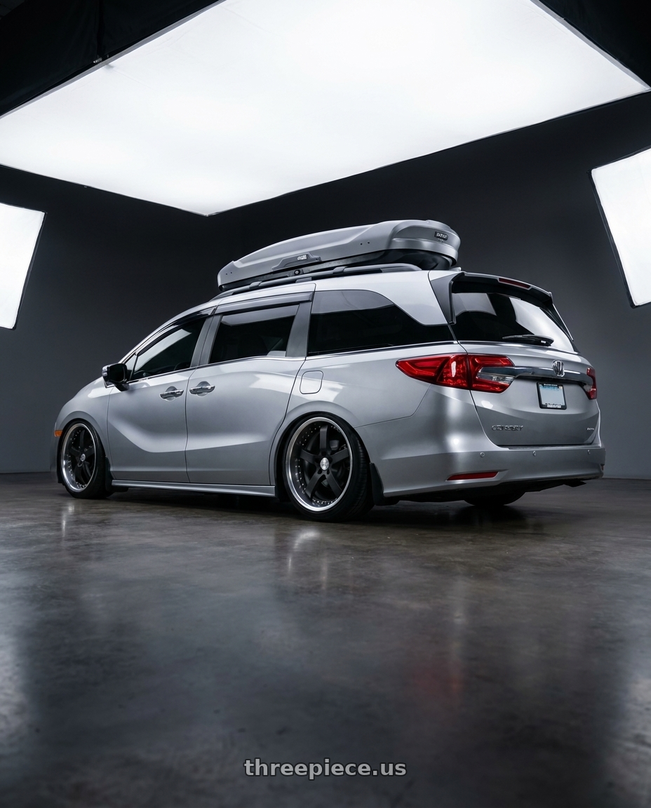 2024 Honda Odyssey with Work Equip E05 5x120 20x8.5+40 a disk Black Anodized wheels rear three quarter view slight stretch tires