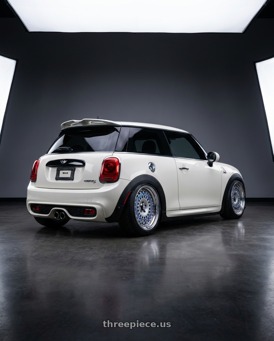 2017 mini cooper with FORMULA AERO MESH 5x112 18X7.5+43 SL Disk Titan Silver wheels rear three quarter view meaty tires