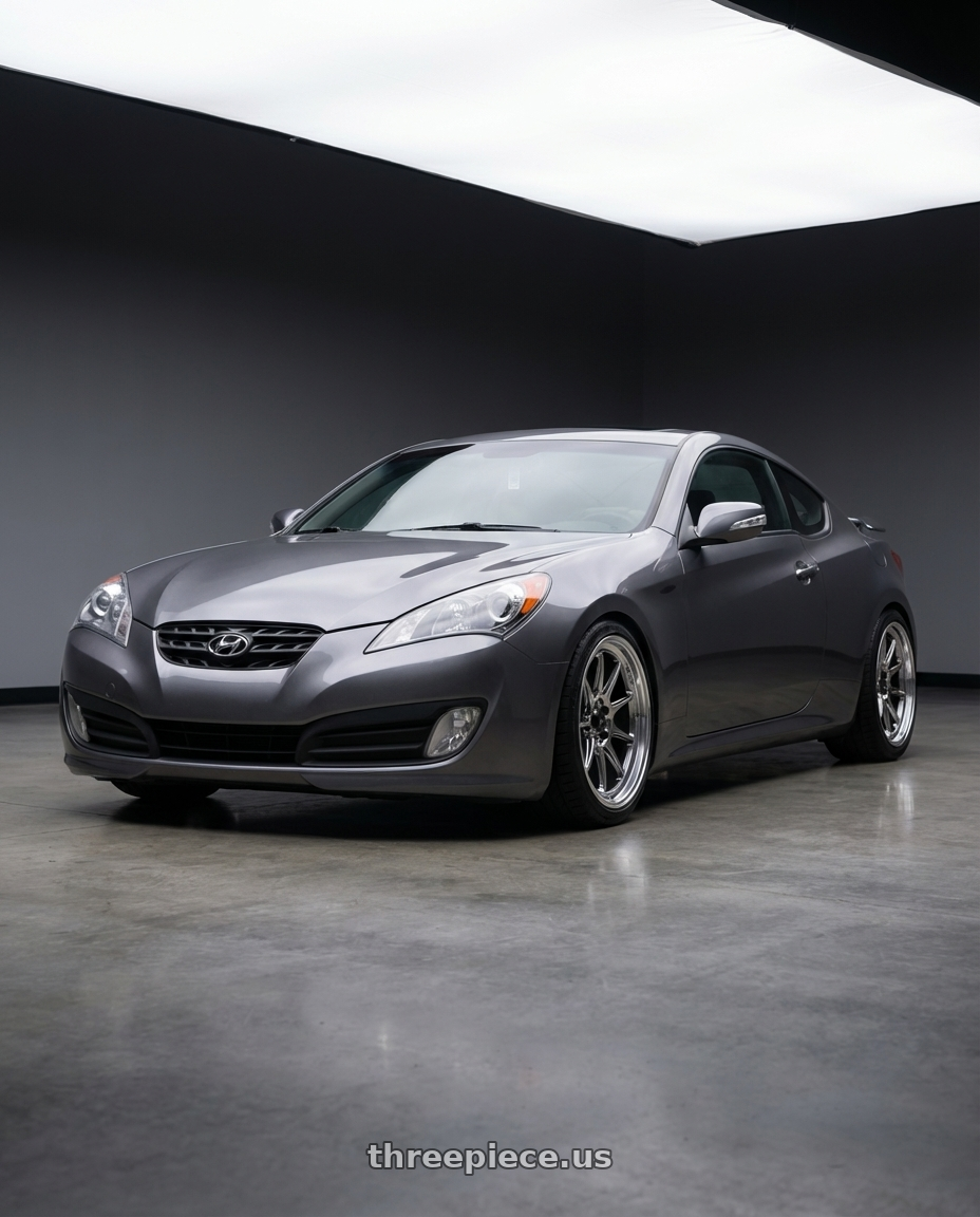 2014 Hyundai Genesis Coupe with Konig Countergram 5x114.3 19x11+18 Hyper Chrome / Machined Lip wheels front three quarter view lowered stance