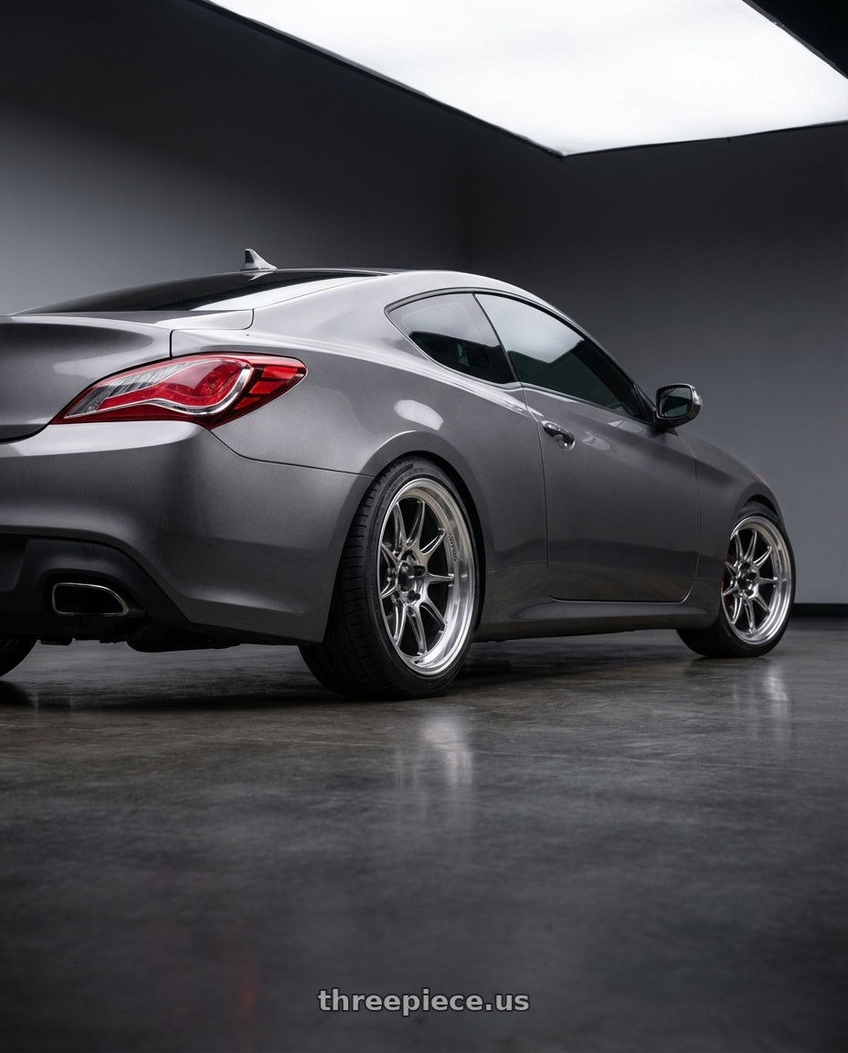 2014 Hyundai Genesis Coupe with Konig Countergram 5x114.3 19x11+18 Hyper Chrome / Machined Lip wheels rear three quarter view square tires