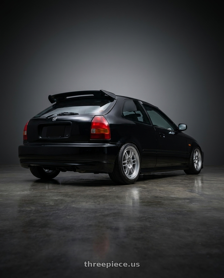 1997 Honda Civic with Enkei RPF1 4x100 15x7+35 Silver wheels rear three quarter view meaty tires