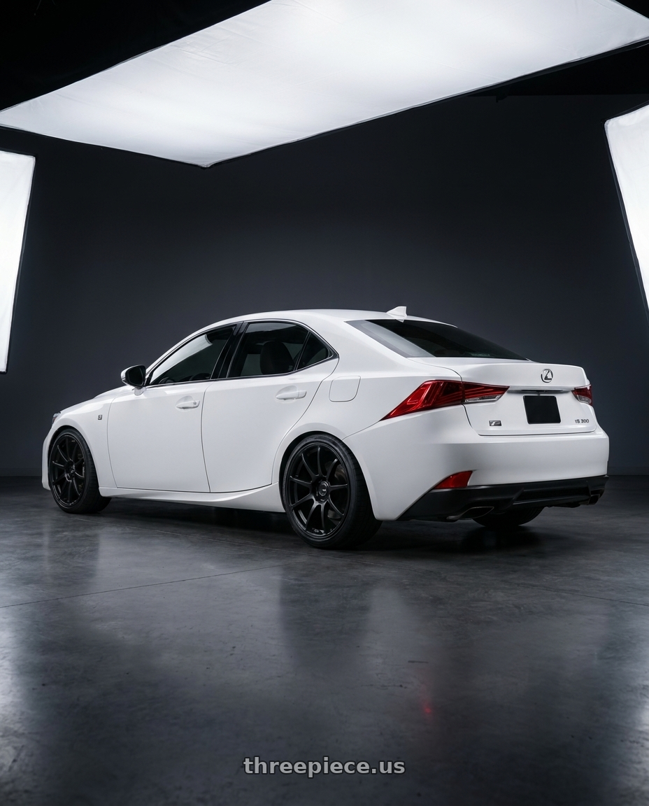 2018 Lexus IS 350 F Sport with Ssr Gtv02 5x114.3 19x8.5+38  FLAT BLACK wheels rear three quarter view square tires