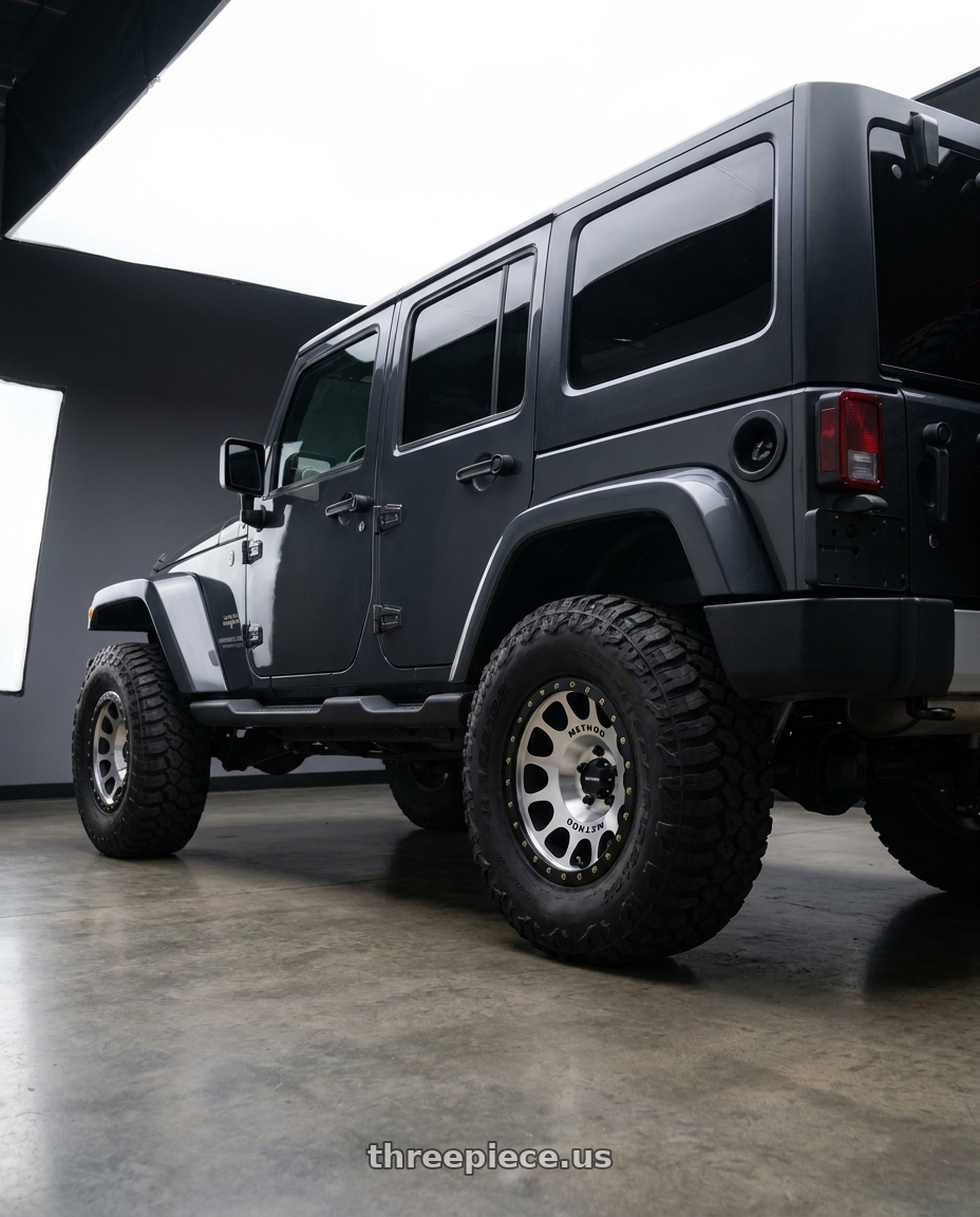 2016 jeep wrangler with Method MR105 Beadlock 17x9 -38mm Offset 5x5 71.5mm CB Machined w/Matte Black Ring Wheel - MR10579050338B wheels rear three quarter view meaty tires