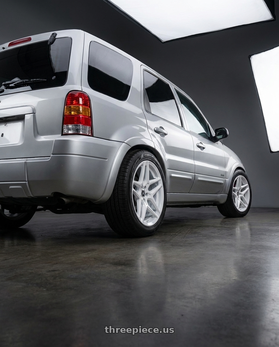 2001 Ford Escape with Heritage Wheel EBISU MonoC 5x114.3 18x8.5+35 White wheels rear three quarter view meaty tires